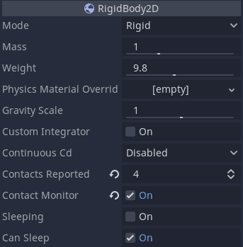 Enabling **Contact Monitor** and setting **Contacts Reported** to greater than 0 enables collision detection for RigidBody2D nodes